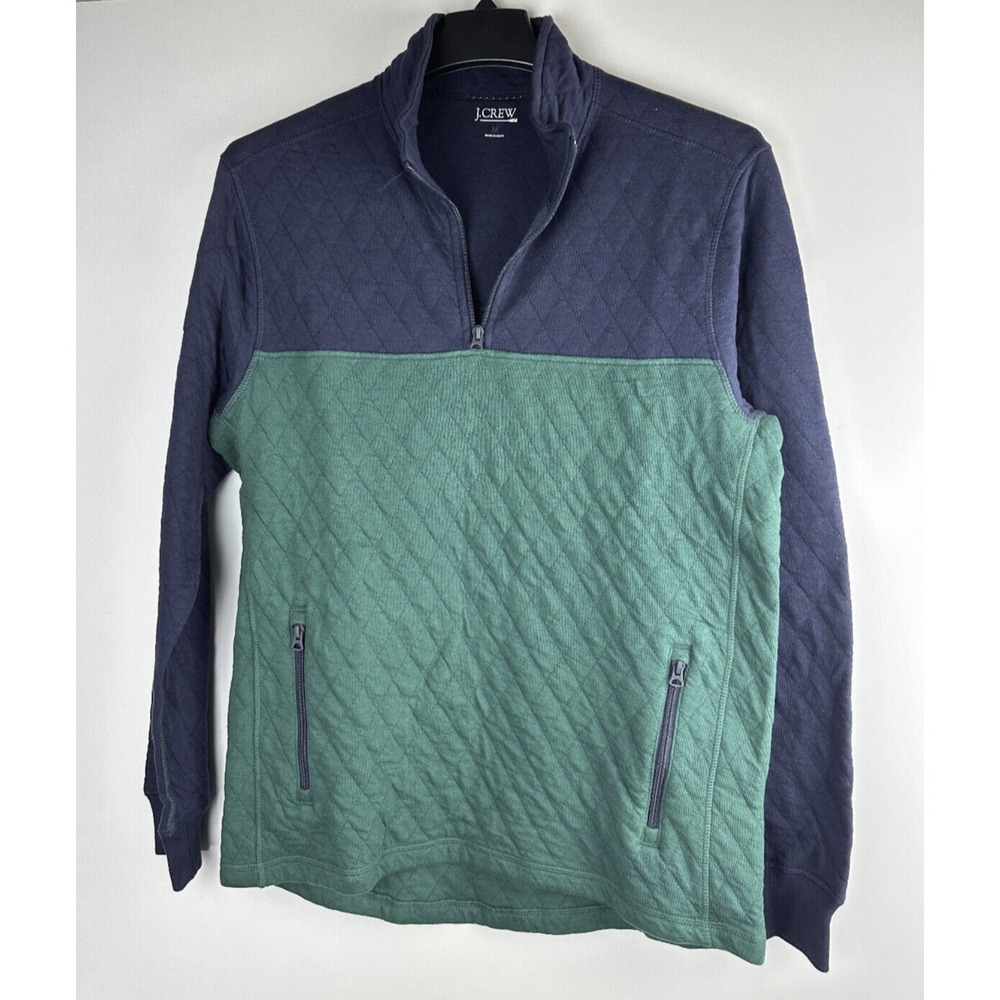 J.Crew Quilted Quarter Zip Pullover Color block Navy Blue Green Men's Medium - Picture 2 of 10